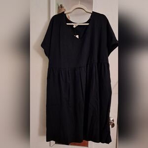 Navy Blue Cotton Tiered V-Neck Dress With Pockets